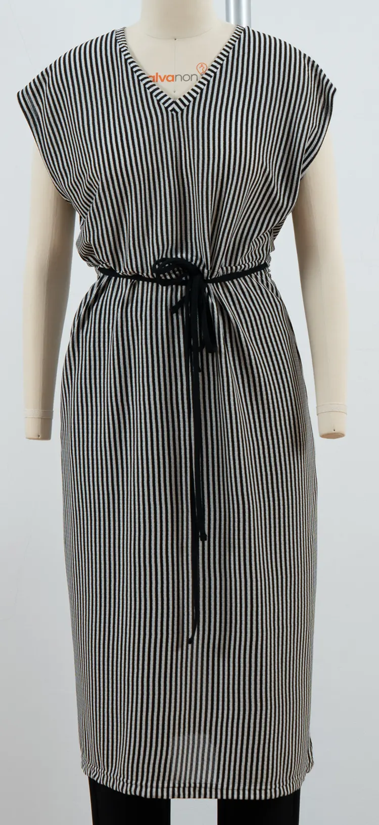 Vertical Stripe V-Neck Midi Dress with Extended Shoulders and Cord Belt